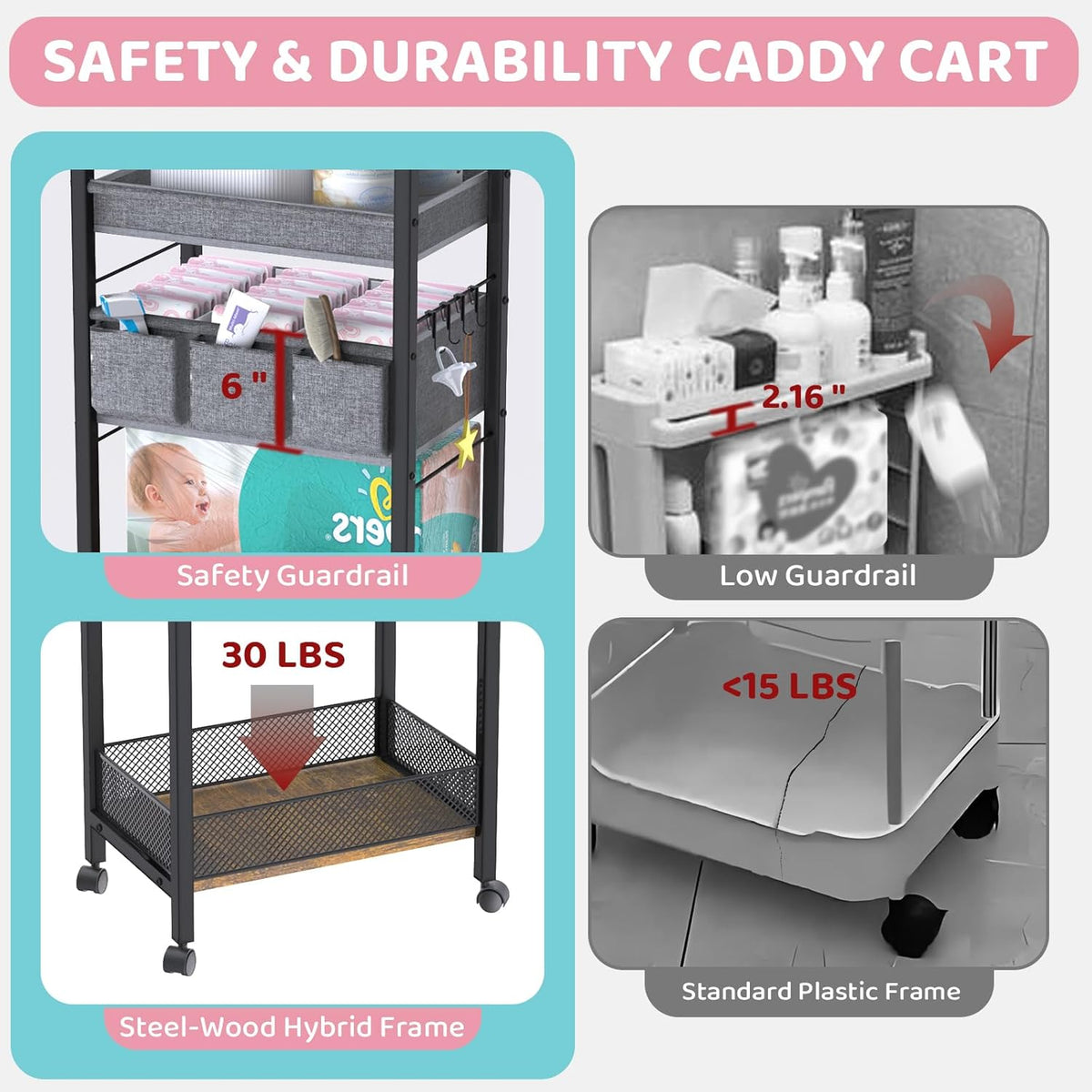2IN1 Baby Diaper Caddy Organizer-3 Tier Rolling Storage Cart with Dividers - Bedside Diaper Caddy