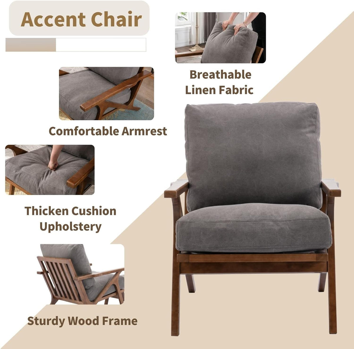 Mid Century Modern Accent Chair with ottoman, Farmhouse Linen Upholstered Living Room Armchair and