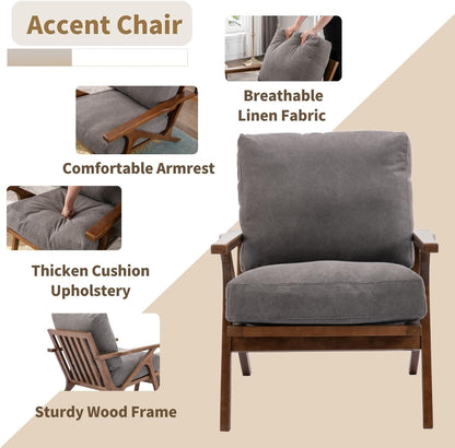 Mid Century Modern Accent Chair with ottoman, Farmhouse Linen Upholstered Living Room Armchair and