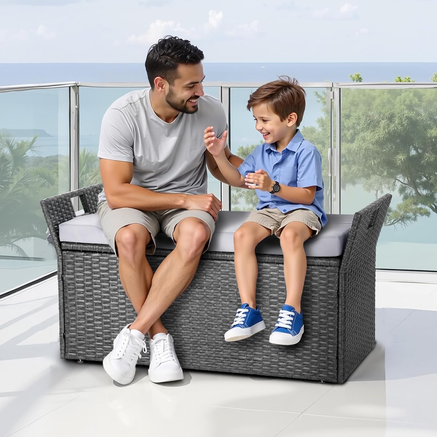 VEVOR Outdoor Storage Bench, 2-Person PE Rattan Storage Bench, 40 Gal Deck Box with Cushion & Side