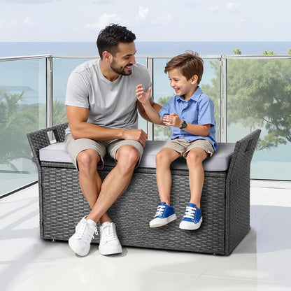 VEVOR Outdoor Storage Bench, 2-Person PE Rattan Storage Bench, 40 Gal Deck Box with Cushion & Side