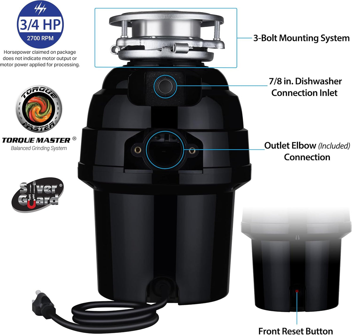 Waste Maid 10-US-WM-458-3B Garbage Disposal Anti-Jam Stainless Steel Food Waste Grinding System