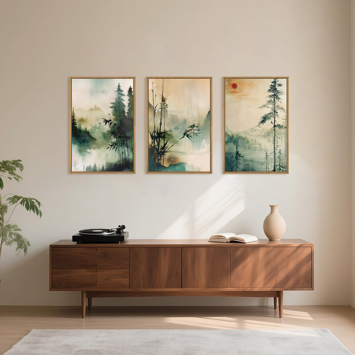 Chinoiserie Nature Framed Canvas Wall Art Set, Mountain and Forest Landscape Painting, Natural