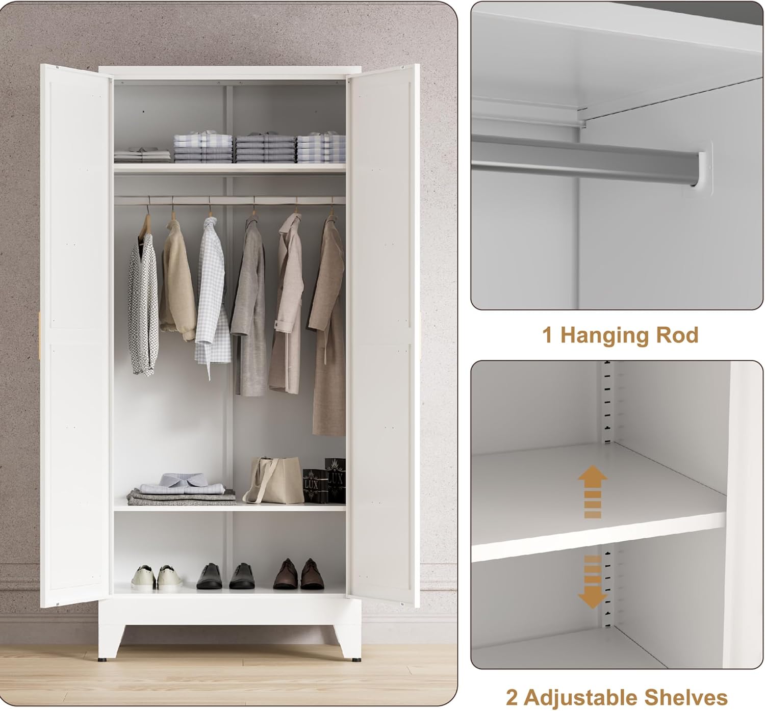 71'' Farmhouse Metal Wardrobe Cabinet with Hanging Rod, 2 Barn Door Wardrobe Closet with 2