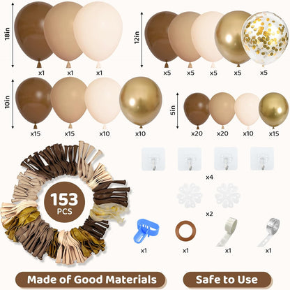 Amandir 153pcs Brown Balloon Garland Arch Kit, Different Sizes 18 12 10 5 inch Brown Nude Latex