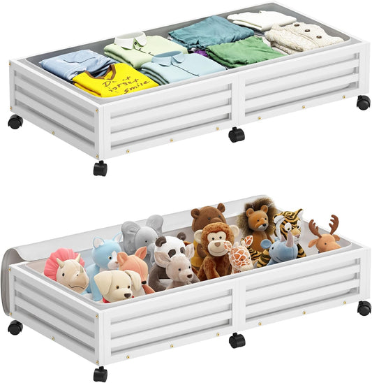 Bamboo Under Bed Storage Containers- Underbed Organizer with Wheels with Large Dust Bag,Sturdy Wood