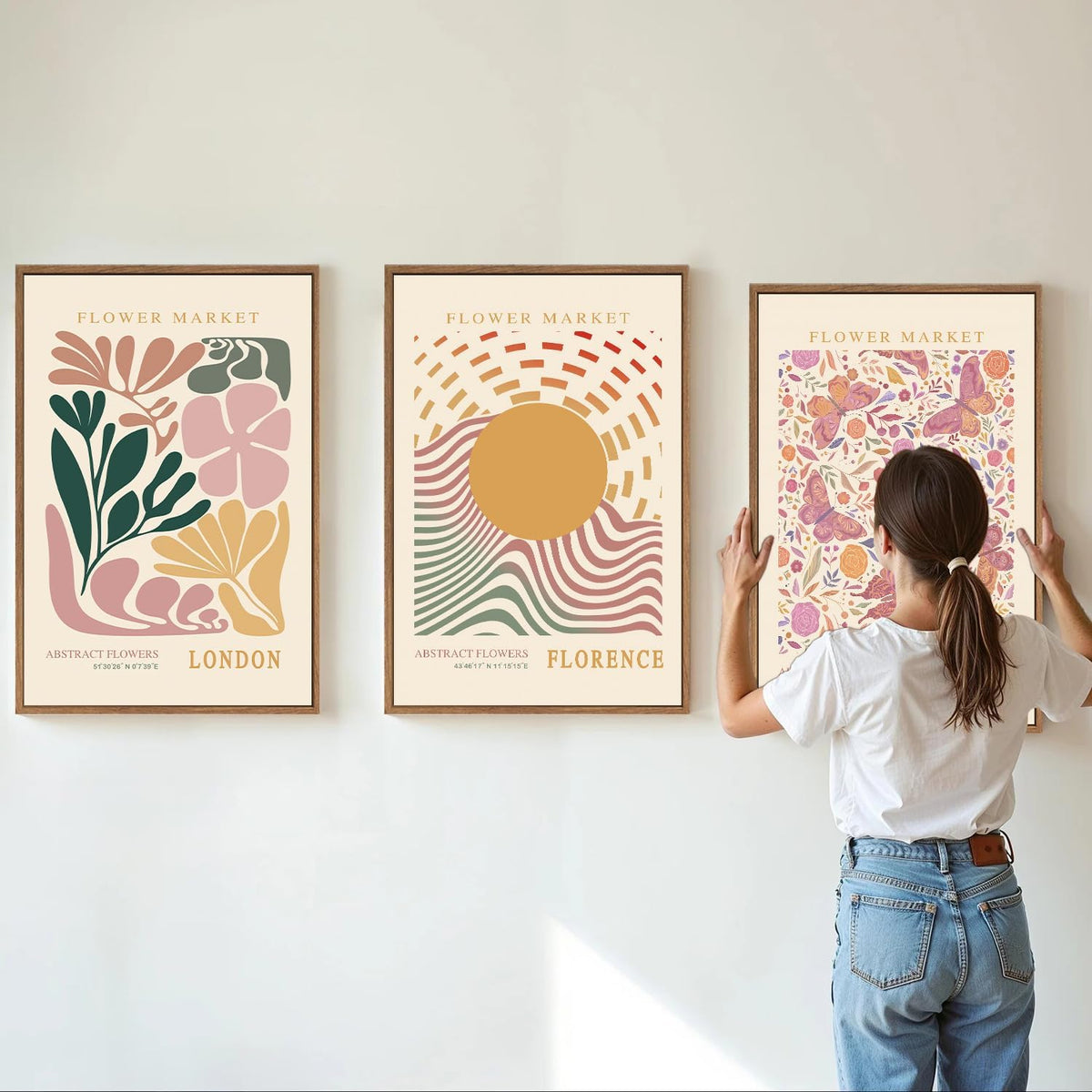 Tinonedraw Boho Flower Market Framed Canvas Wall Art Set, Pink Beige Cute Butterfly Wall Decor
