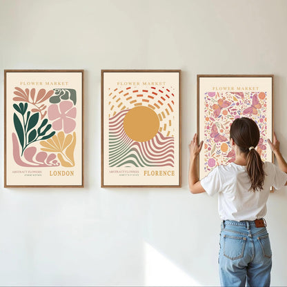 Tinonedraw Boho Flower Market Framed Canvas Wall Art Set, Pink Beige Cute Butterfly Wall Decor