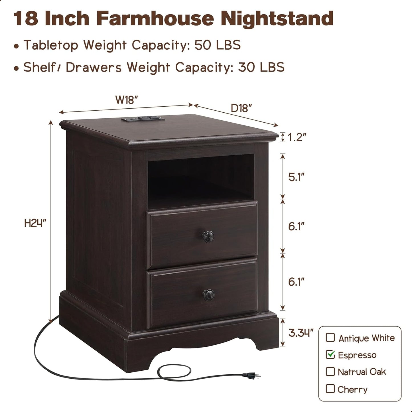 T4TREAM Nightstand with Charging Station, 18 Inch Vintage End Table with 2 Drawers for Living Room