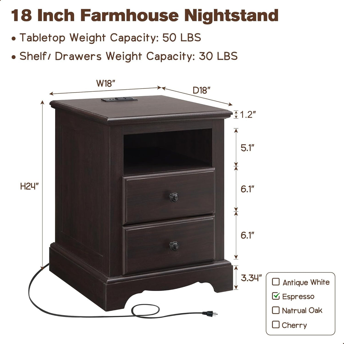 T4TREAM Nightstand with Charging Station, 18 Inch Vintage End Table with 2 Drawers for Living Room
