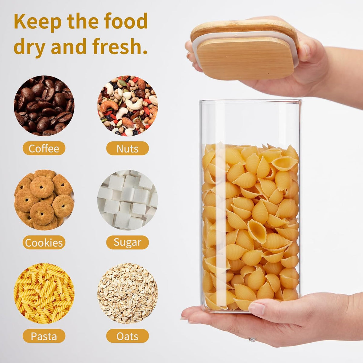 Square Glass Food Storage Jars with Lids[Set of 3], Perfect for Pasta, Cookies, Nuts, Coffee