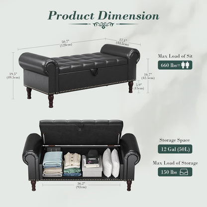 Apicizon 51”Storage Benches, Queen Size Faux Leather Bed Bench with Tufted Button, Upholstered