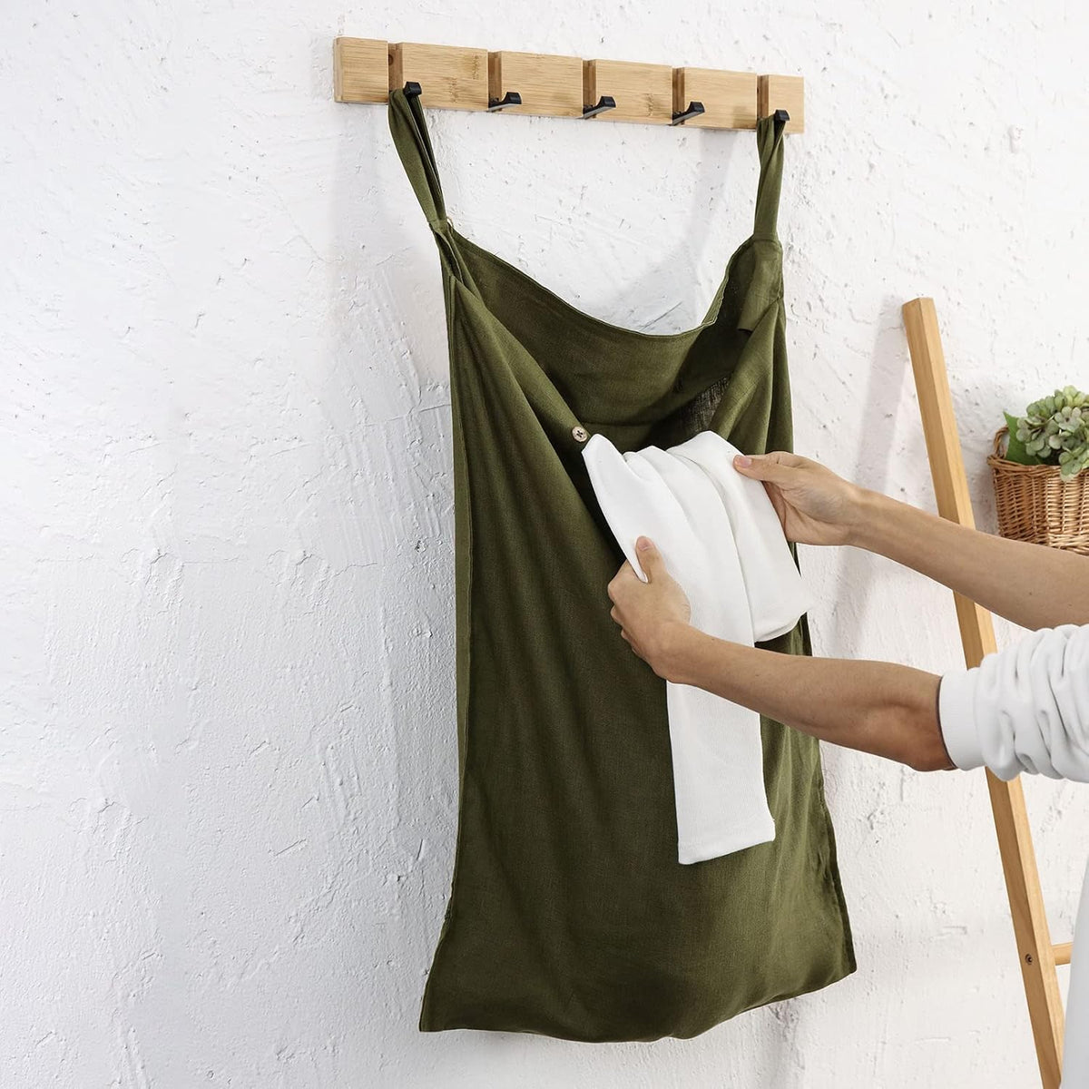 Linen Hanging Laundry Bag, 100% Linen Over The Door Laundry Hamper with Buttons and Zipper, Space