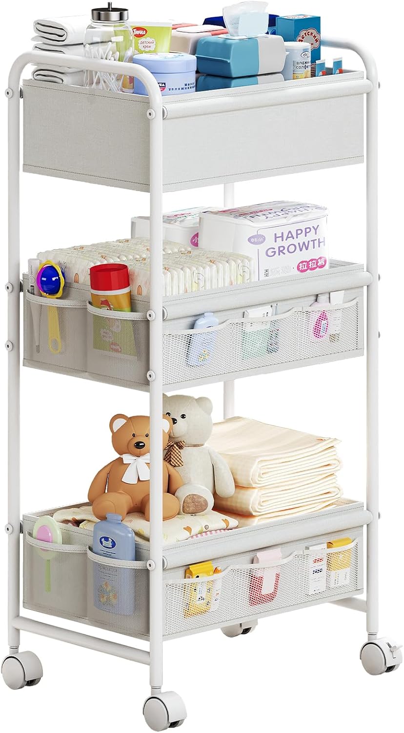 3-Tier Baby Diaper Caddy Cart Organizer,Mobile Nursery Organization with Wheels,with 2 Dividers &