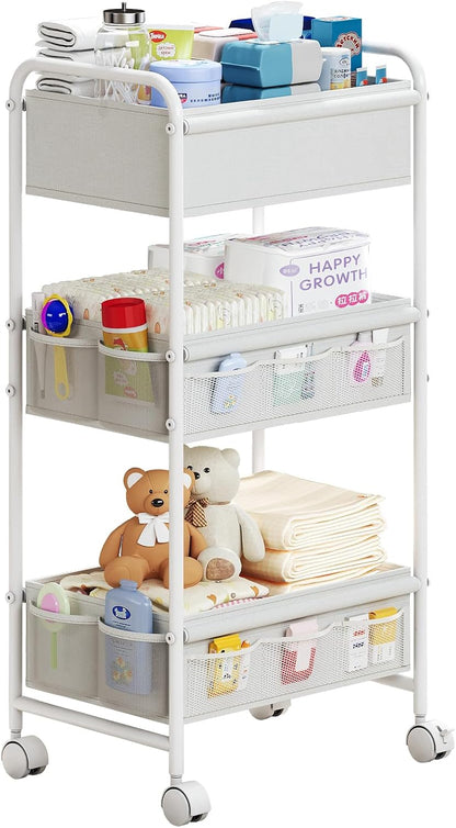 3-Tier Baby Diaper Caddy Cart Organizer,Mobile Nursery Organization with Wheels,with 2 Dividers &