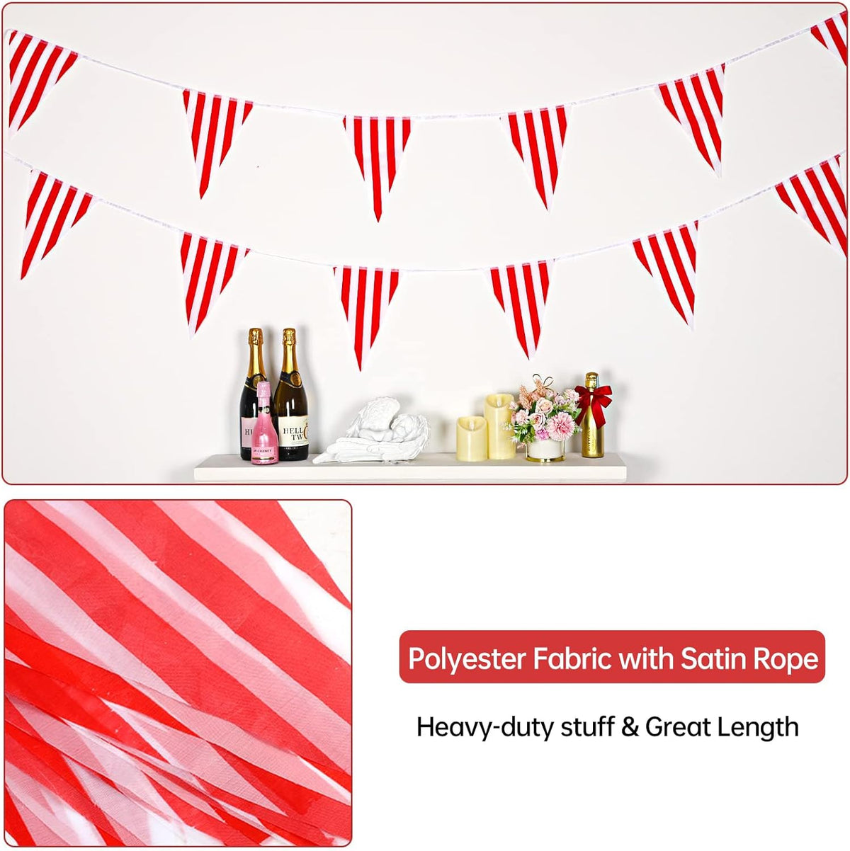 RUBFAC 170ft 120pcs Red and White Striped Pennant Banner, Carnival Circus Decorations Supplies