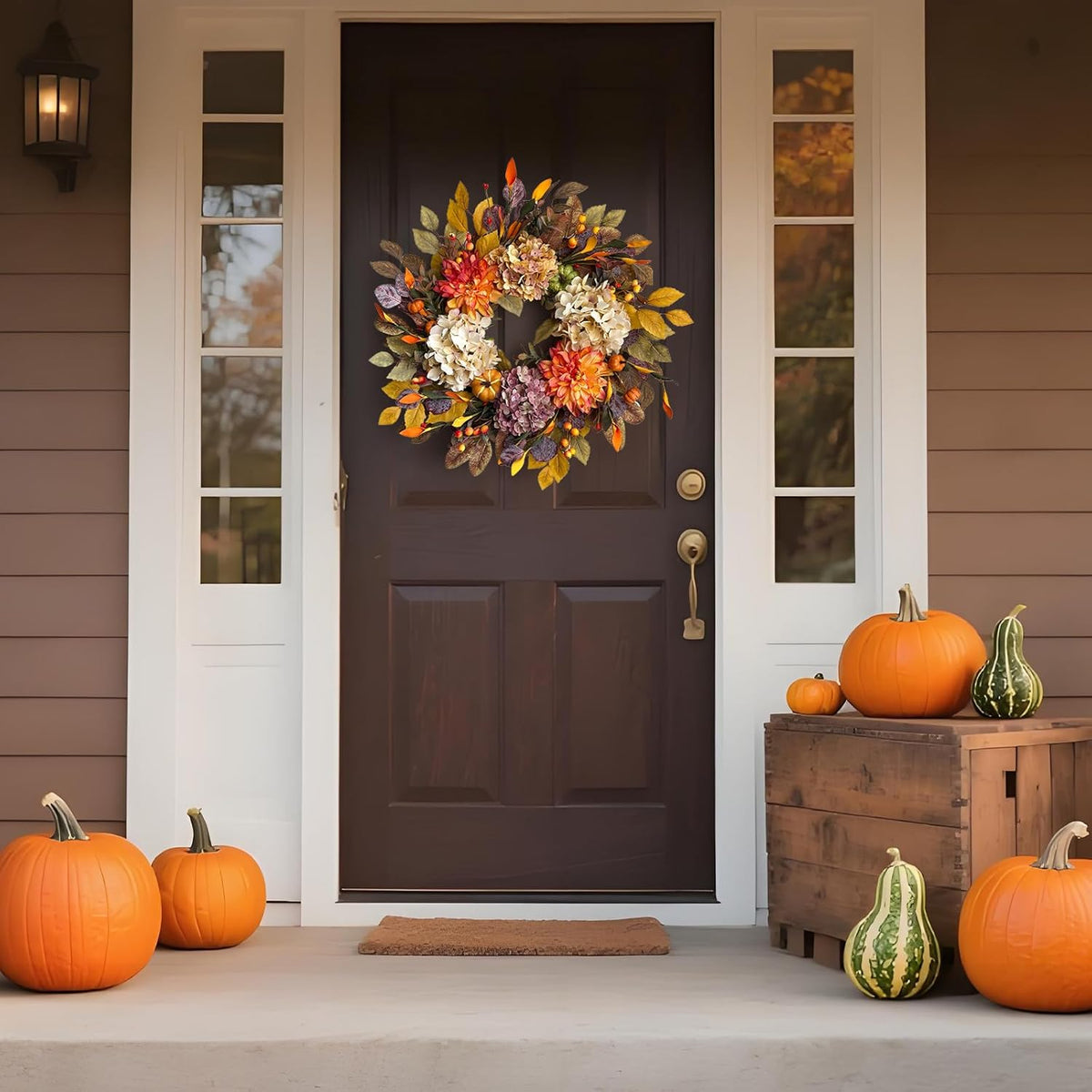 24Inch Fall Wreaths for Front Door,Fall Wreath with Beige Hydrangea,Orange Dahlia Artificial