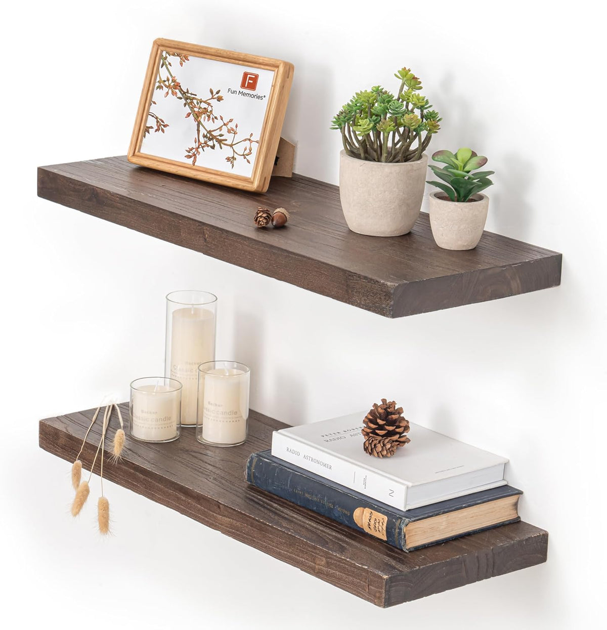 Fun Memories Floating Shelves for Wall, 24"x9.3" Rustic Solid Elm Wood Shelves, Heavy-Duty Wall