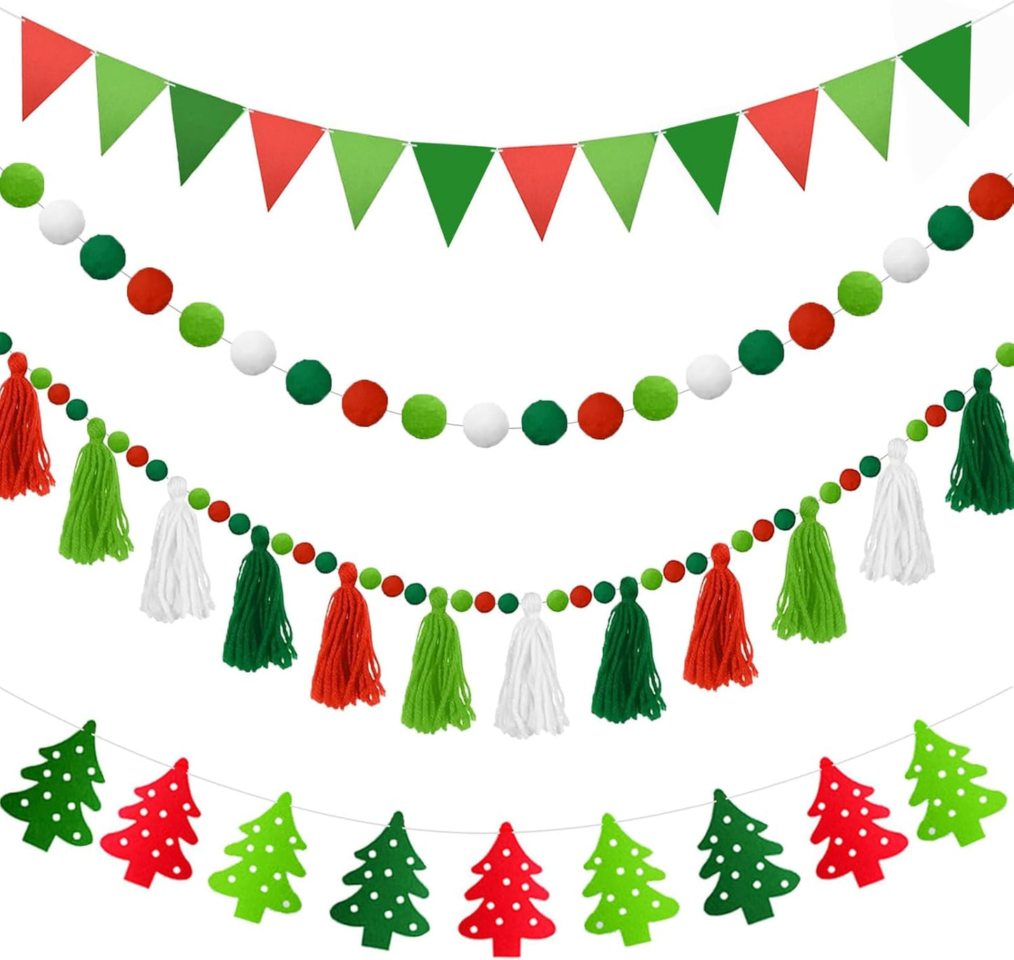 4 Pcs Christmas Tassel Garlands, 9.8 Feet Pom Pom Balls Garland Decor, Colorful Felt Fabric Pennant