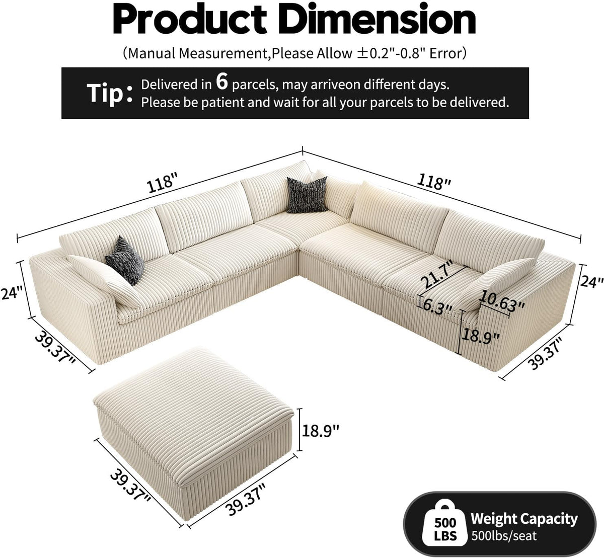 118" Cloud Couch Oversized Modular Sectional Sofa for Living Room,Modern Sofa with Deep Seat，6