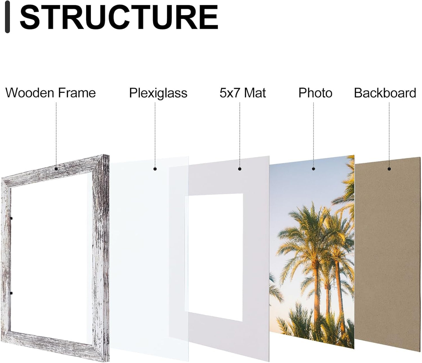Vittanly 8x10 Picture Frames Set of 9, Shatter Resistant Plexiglass, Display 5x7 Pictures with Mat