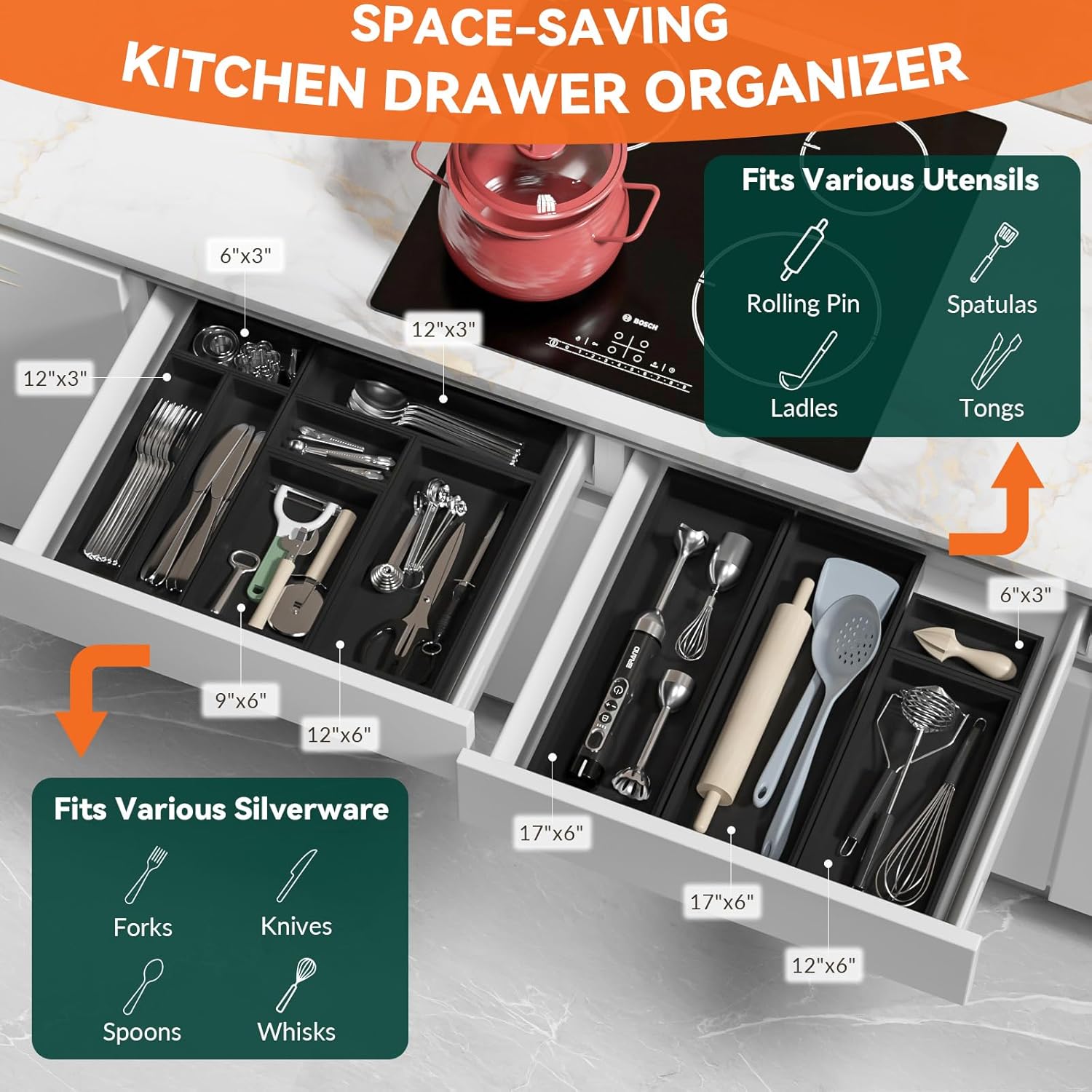 Bamboo Drawer Organizer, Narrow Silverware Organizer for Kitchen, Stackable Utensil Organizer, 2