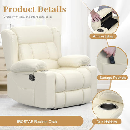Recliner Chair for Adults, Oversized PU Leather Manual Pull Tab Reclining Chair with Cup Holders