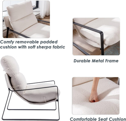 DUOMAY Modern White Sherpa Accent Chair, Comfy Lounge Lazy Chair with Metal Leg, Mid-Century Corner