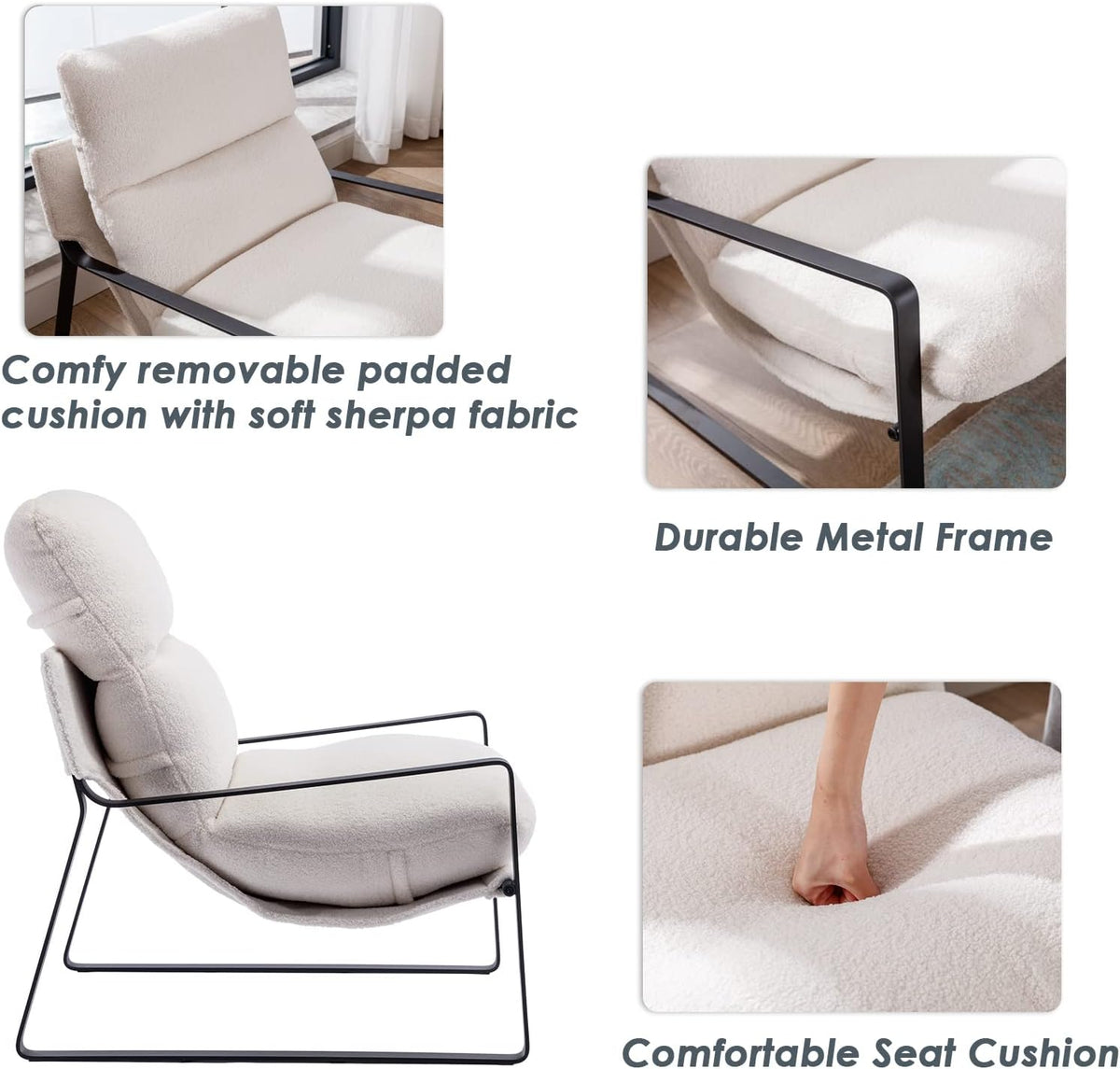 DUOMAY Modern White Sherpa Accent Chair Set of 2, Comfy Lounge Lazy Chair with Metal Leg