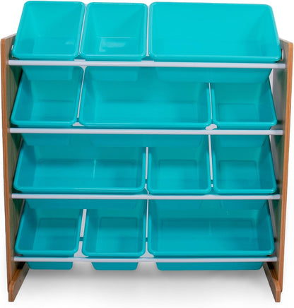 Humble Crew Kids Toy Storage Organizer with 12 Plastic Bins, Natural Wood/Aqua – Removable Bins for