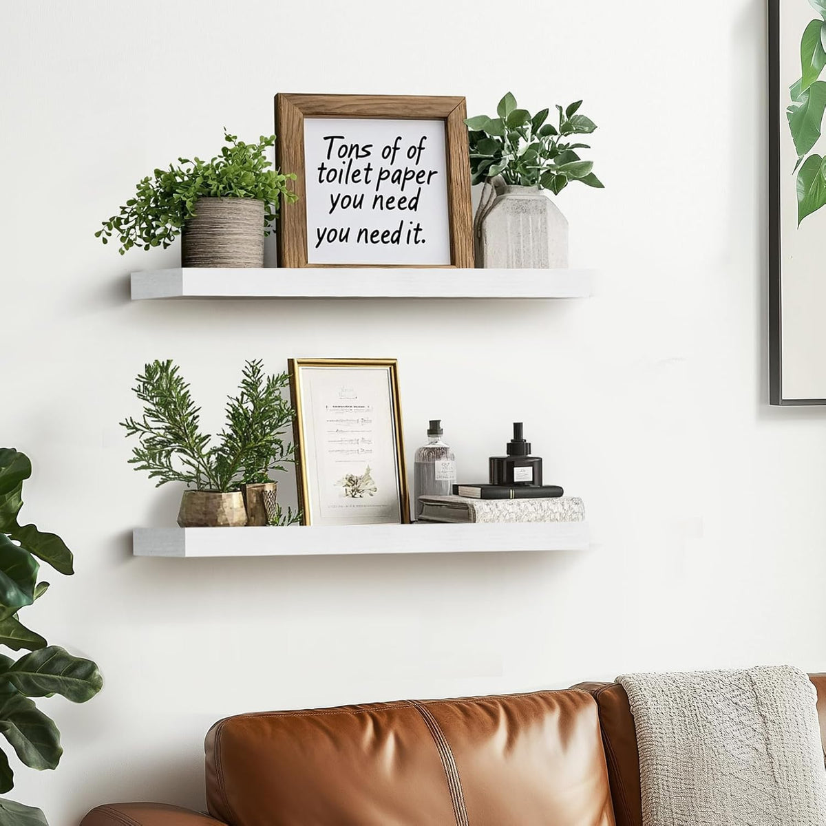 Floating Wall Shelves - 16"x6.8"x1.2" Sturdy Rustic White Solid Wood Shelves for Storage and Décor