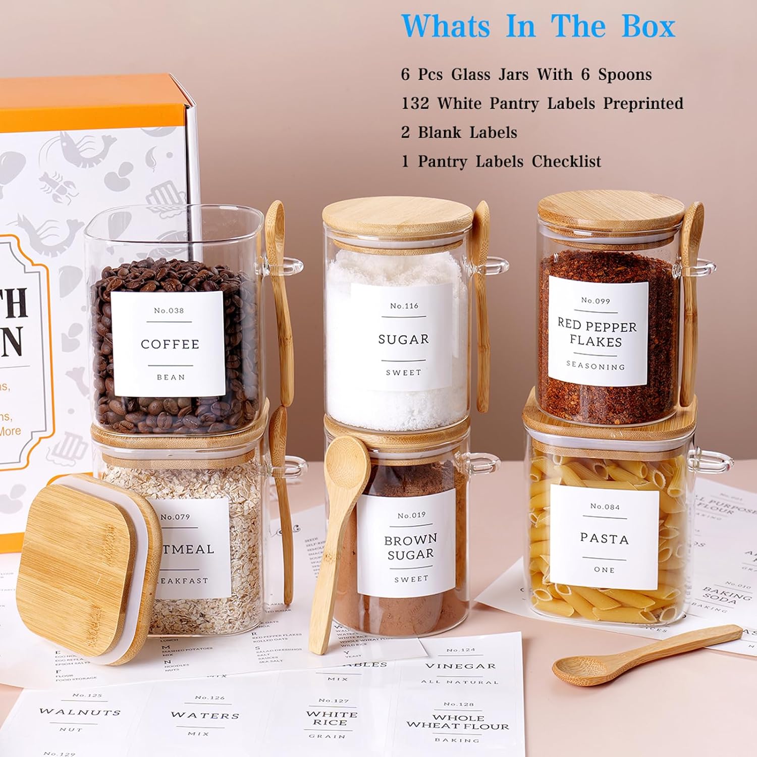 6 Pack Glass Jars with Bamboo Lid and Spoons - 17Oz/27Oz Borosilicate Glass Jars with 132 Pantry