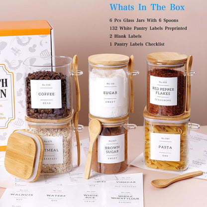 6 Pack Glass Jars with Bamboo Lid and Spoons - 17Oz/27Oz Borosilicate Glass Jars with 132 Pantry