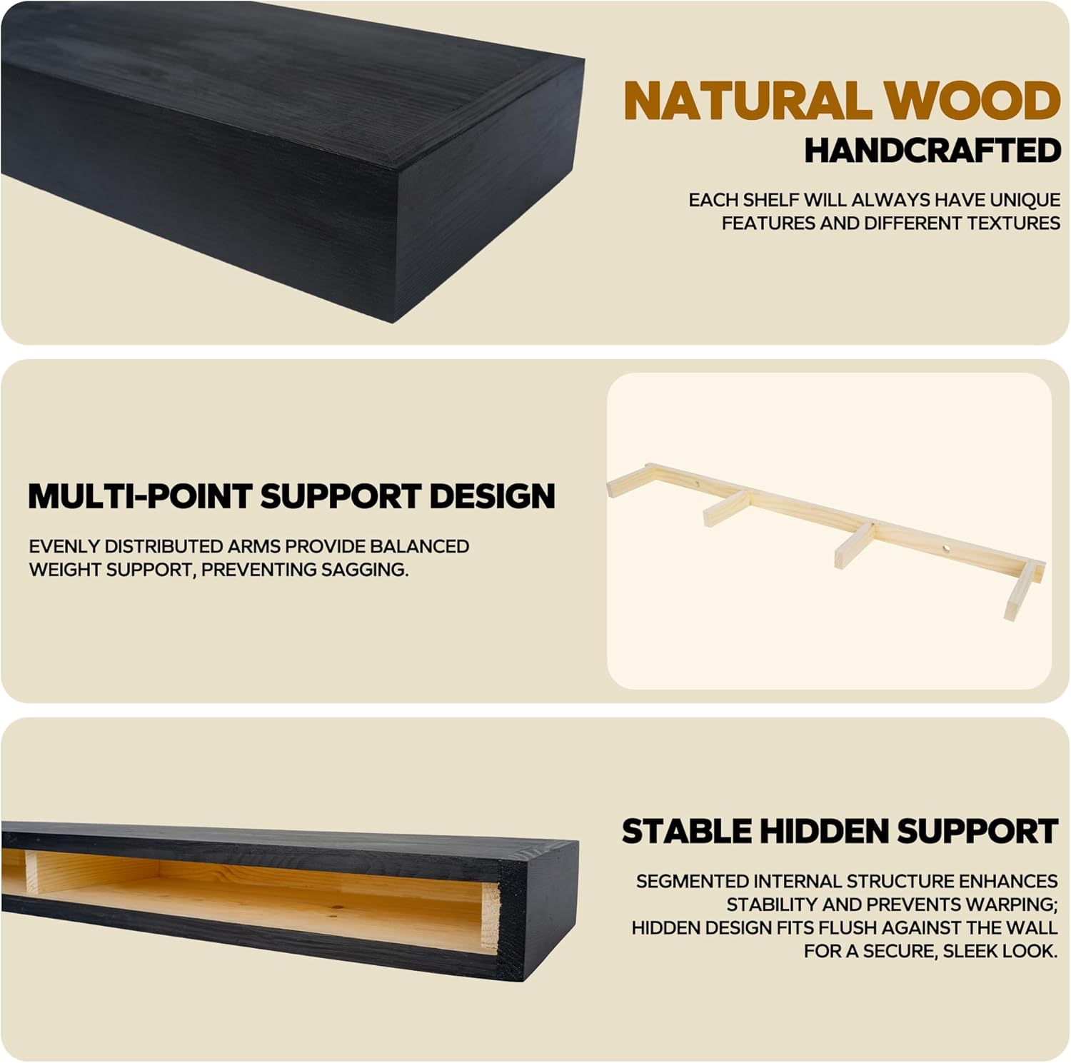 Floating Shelves 3 inch Thick for Wall Set of 2,Solid Pine Wood Wall Mount Shelf for Kitchen Living