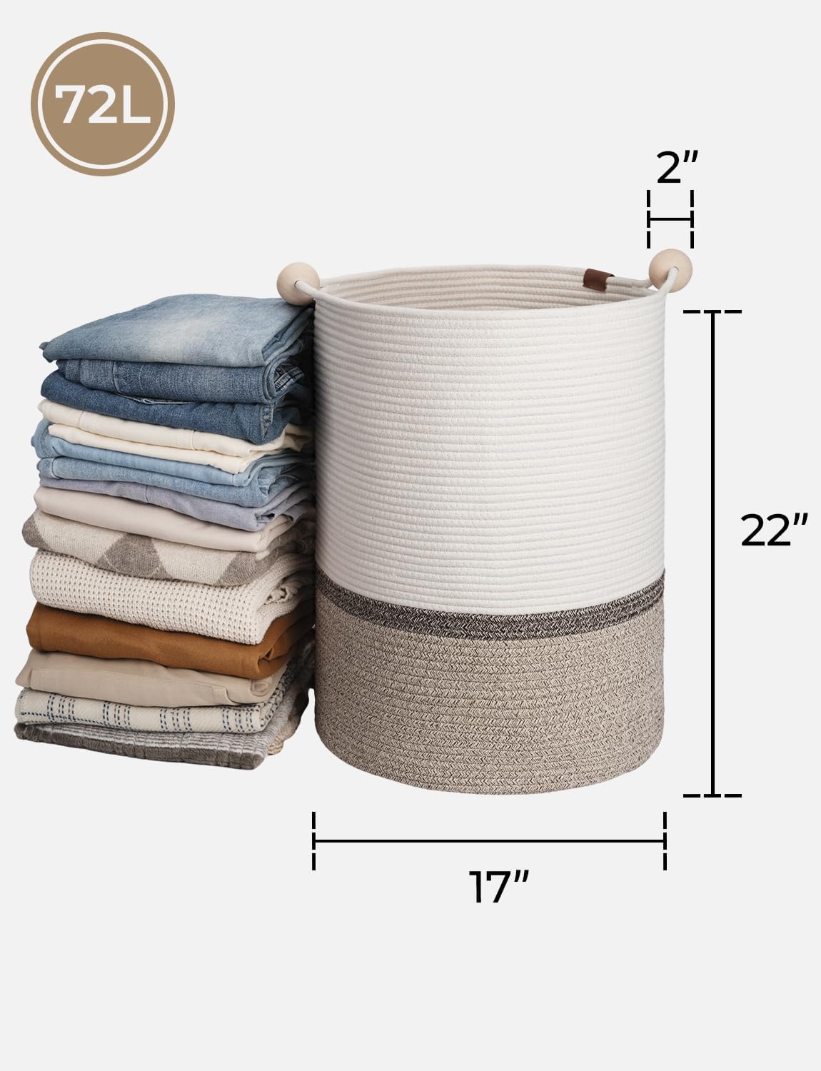 StorageWorks 72L Cotton Rope Laundry Basket with Wooden Beads Handles, Woven Basket for Storage