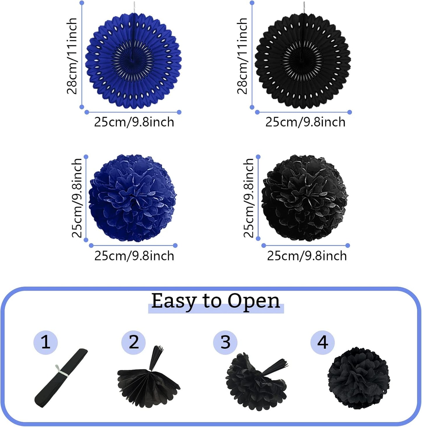 Party Decorations, Black Navy Blue Papar Fans Pompoms Garlands for Men Boy Fathers Day Graduation