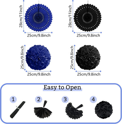 Party Decorations, Black Navy Blue Papar Fans Pompoms Garlands for Men Boy Fathers Day Graduation