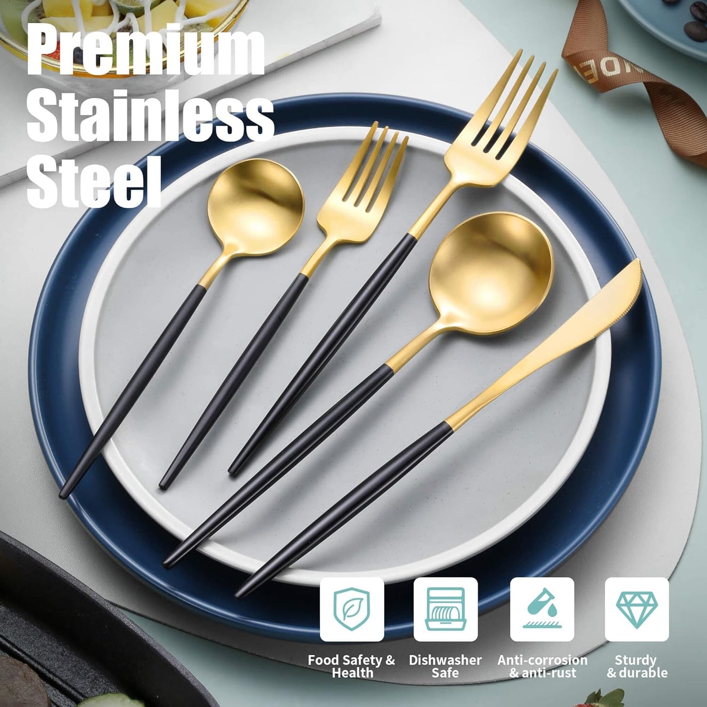 Matte Black Gold Silverware Set for 4,Modern Stainless Steel Brushed Cutlery Set,20-Pieces Heavy