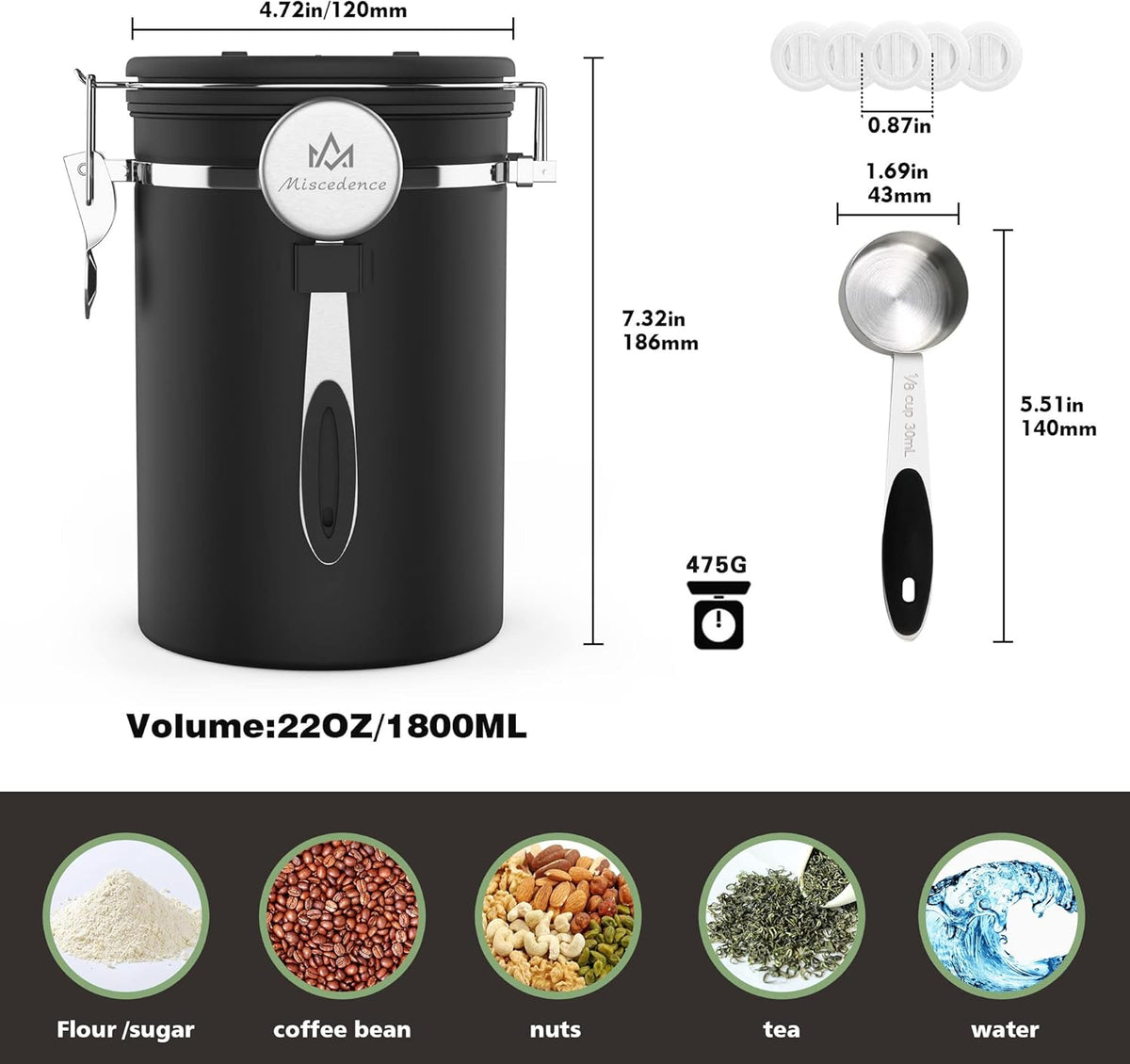Coffee canister for ground coffee with Scoop Date Tracker One Way Co2 Valve 304 Stainless Steel