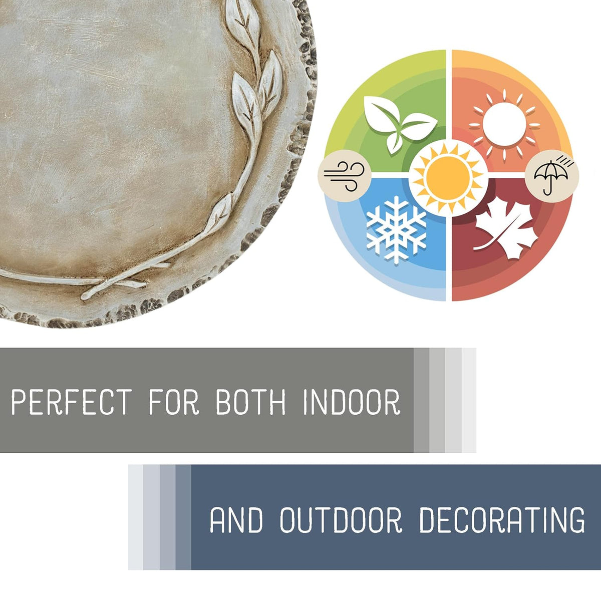 NAT & Jules Floral Laurel Wreath Leaves Pattern Dimensional Indoor Outdoor 12 inch Round Cast Resin
