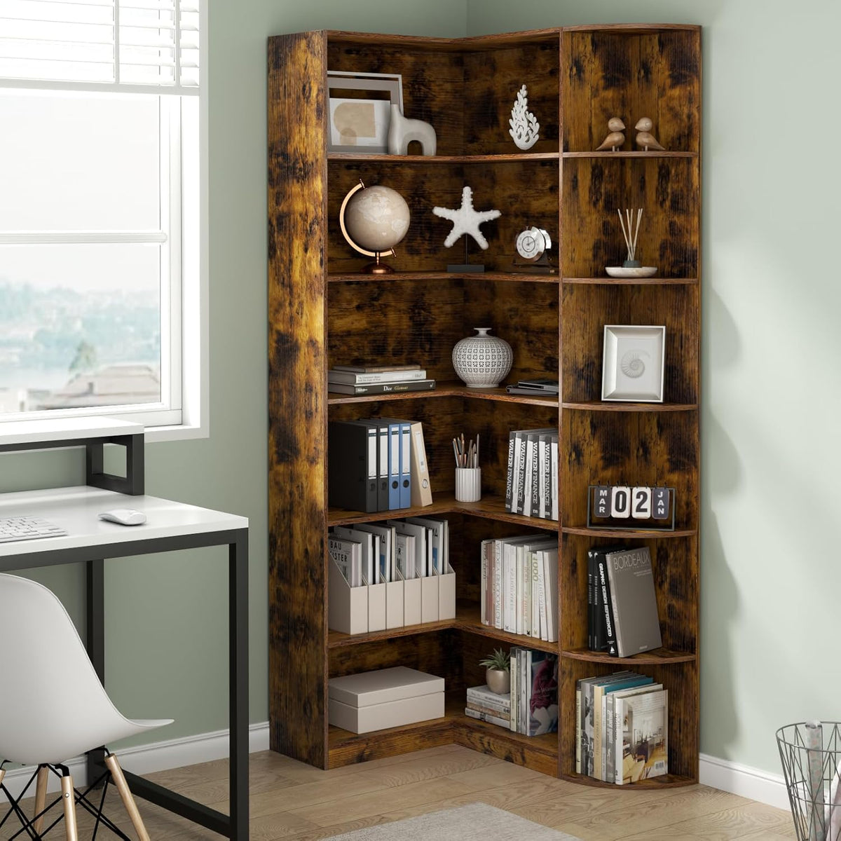 Loomie Bookshelves, 6 Tiers Shelf Large Tall Corner Etagere Bookcase with Full Baffle, L-Shaped