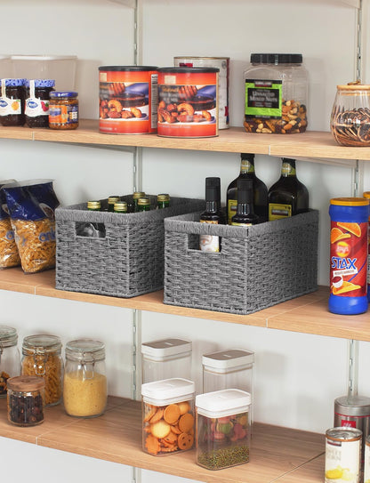 StorageWorks Round Paper Rope Storage Baskets, Rectangular Wicker Baskets with Built-in Handles