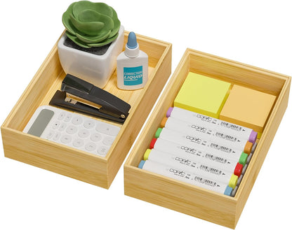 Kitchen Drawer Organizer Bins, Stackable Bamboo Drawer Organizer for Silverware, Flatware, Deep