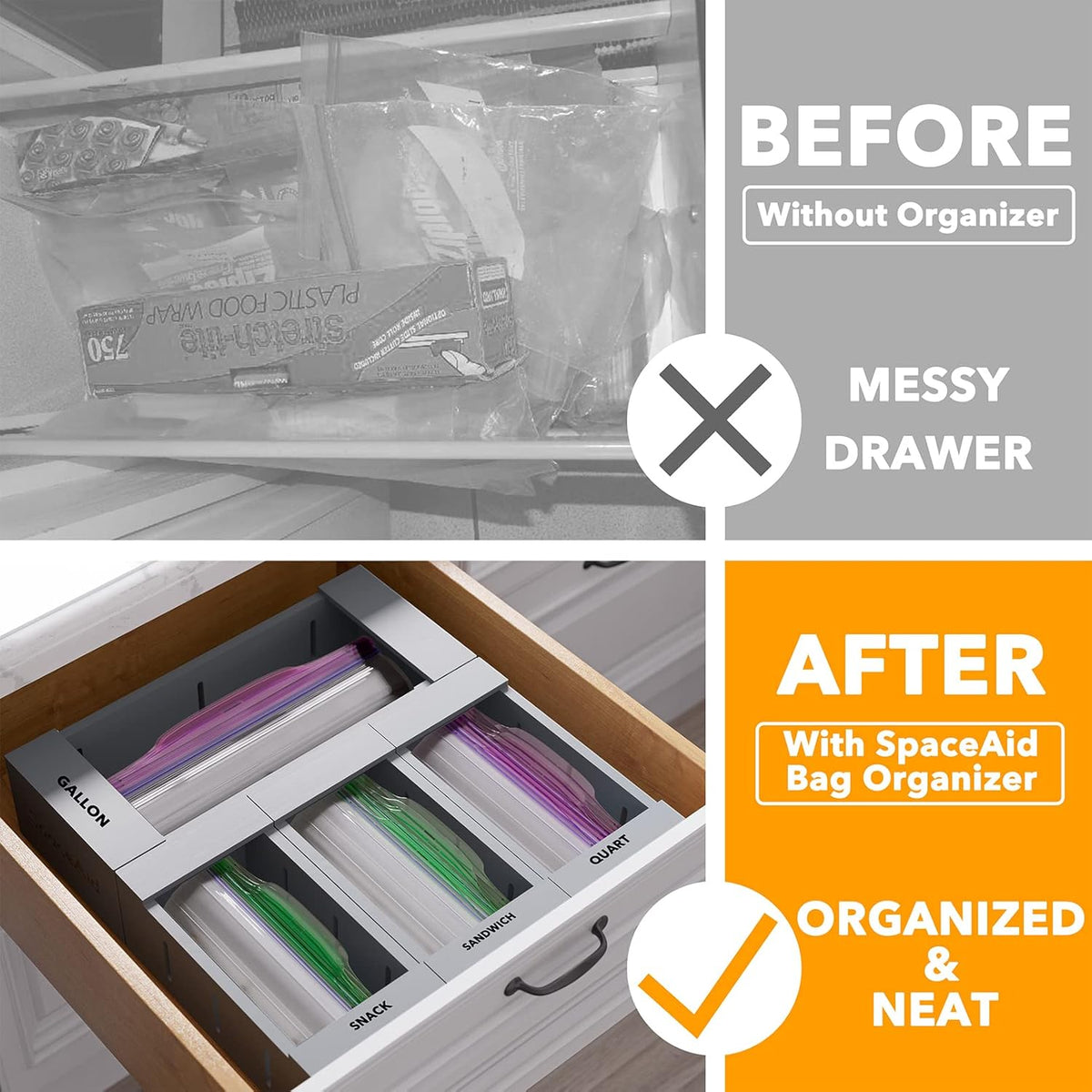 SpaceAid Bag Storage Organizer for Kitchen Drawer, Bamboo Organizer, Compatible with Gallon, Quart