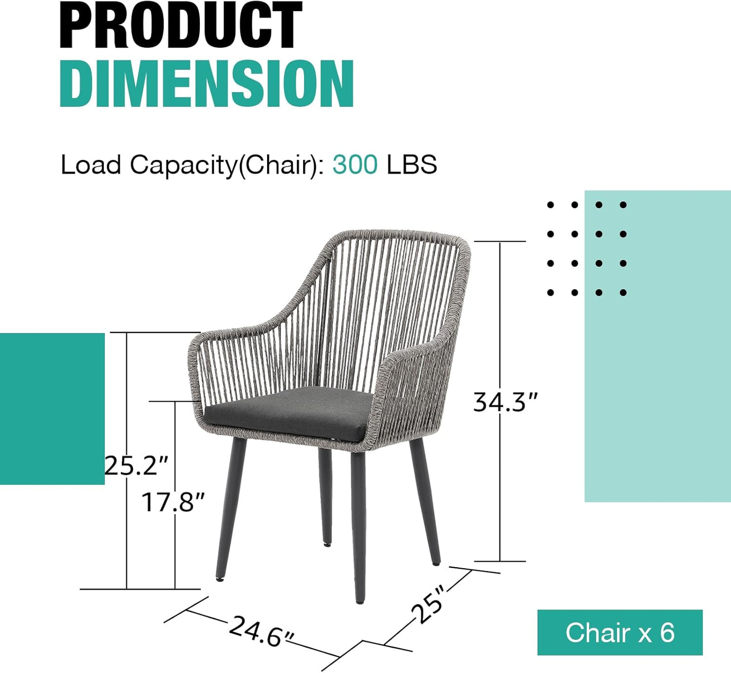 Patiorama Outdoor Dining Chairs, Patio Dining Chair Set of 6, All-Weather Woven Rope Rattan Chairs