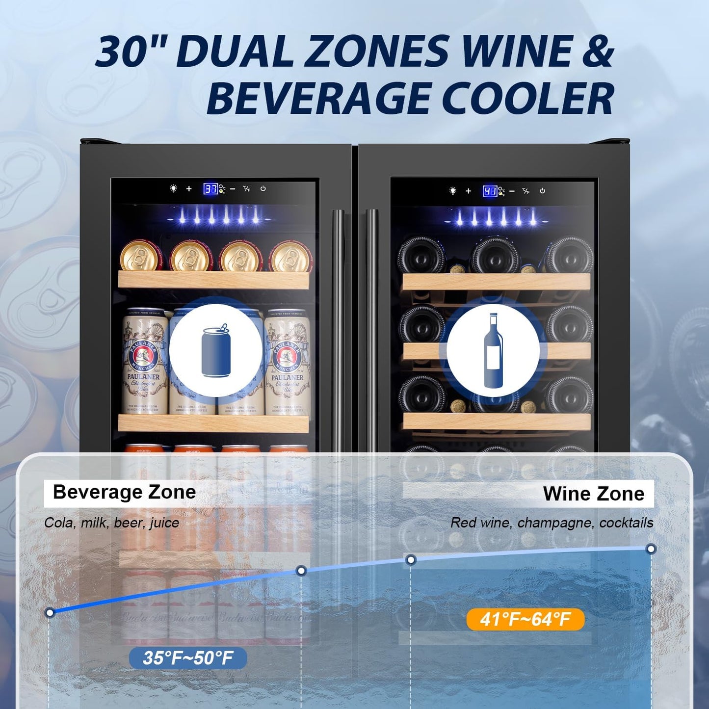 Tylza 30 Inch Wine and Beverage Refrigerator, Dual Zone Wine Beverage Cooler 30" with French Door