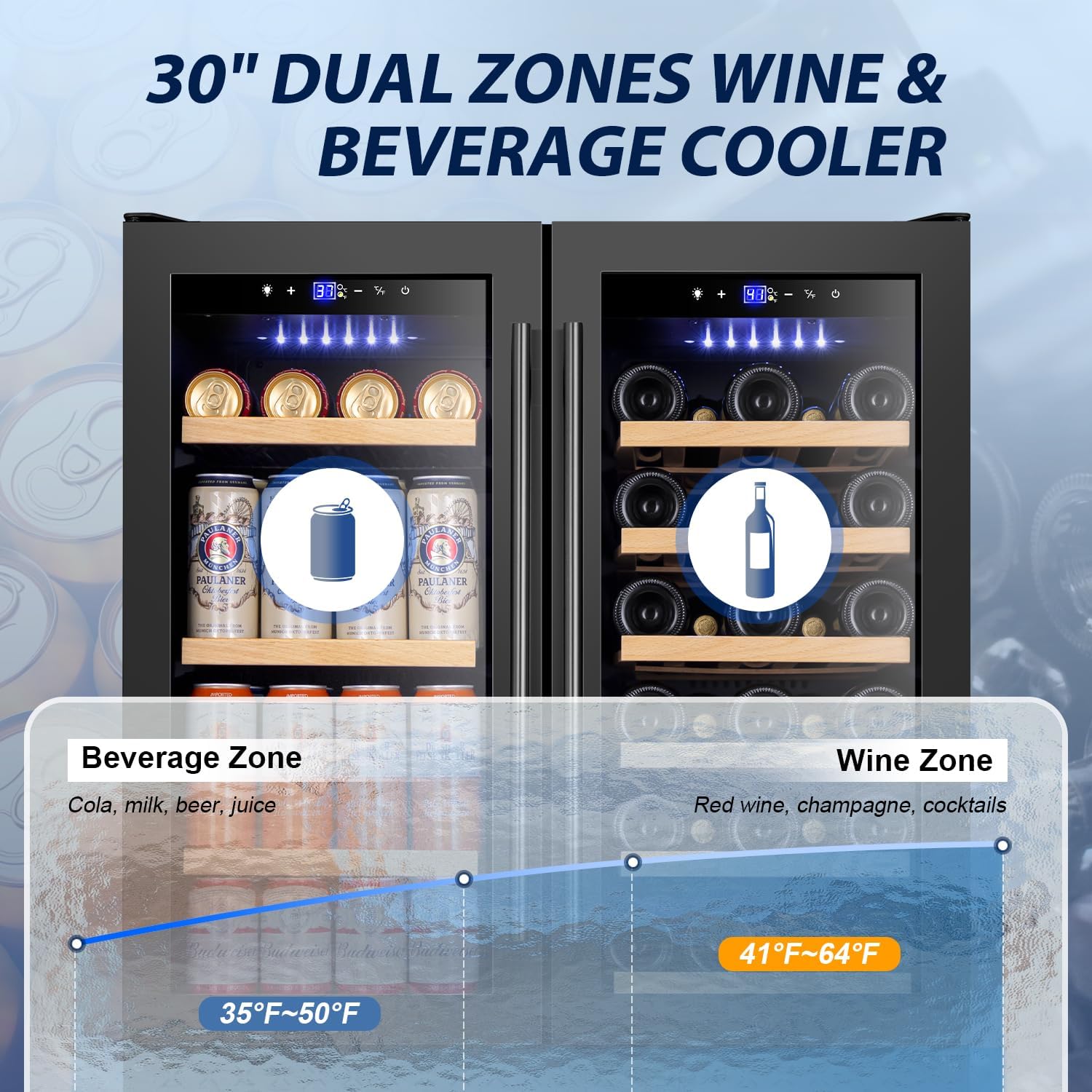 Tylza 30 Inch Wine and Beverage Refrigerator, Dual Zone Wine Beverage Cooler 30" with French Door