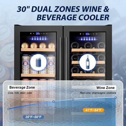 Tylza 30 Inch Wine and Beverage Refrigerator, Dual Zone Wine Beverage Cooler 30" with French Door