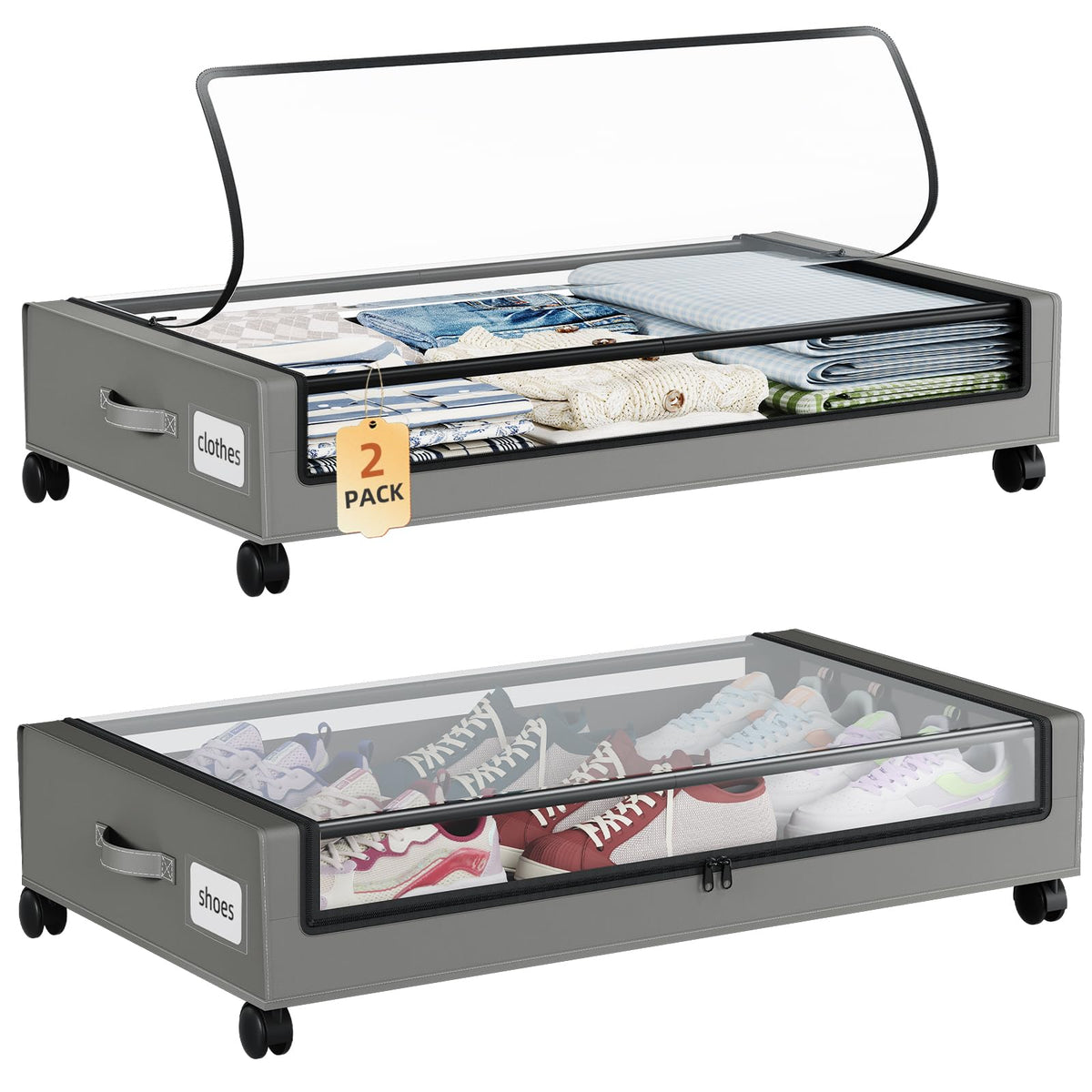 Somdot Under Bed Storage with Wheels, 2 Pack Under Bed Storage Containers