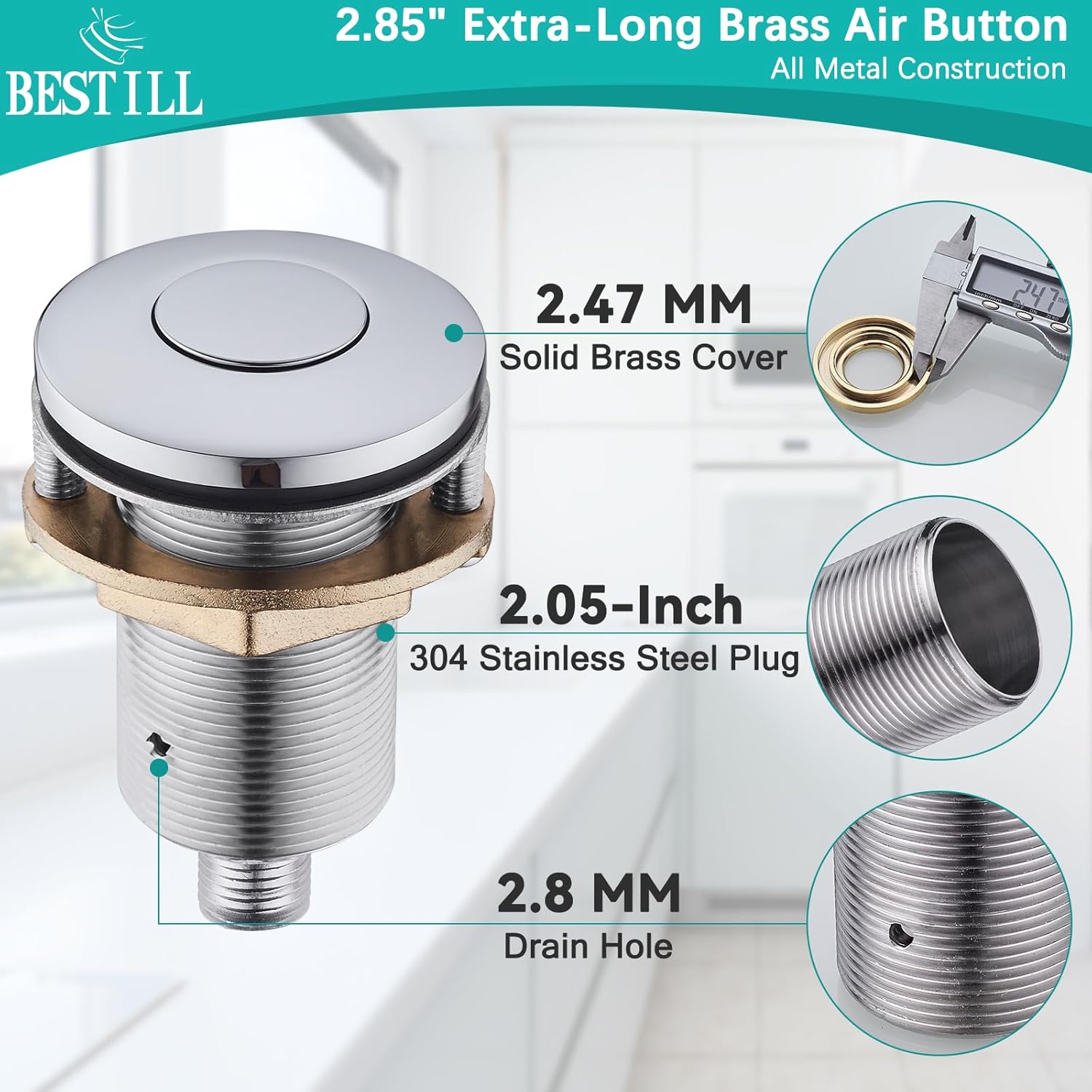 BESTILL Garbage Disposal Air Switch Kit - UL Listed, Brass 2.95" Short Sink Top On/Off Switch